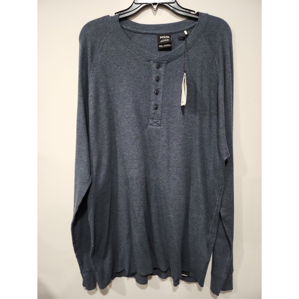 Prana NWT Touchstone Henley Mens XXL Long Sleeve Blue-Gray Cotton Blend Stretch
